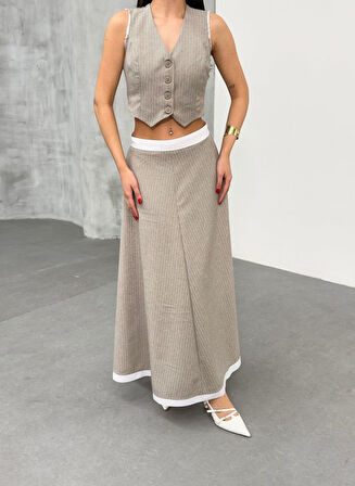 Gi̇o Çi̇zgi̇li̇ Garni̇li̇ Mi̇di̇ Etek Yelek Takim