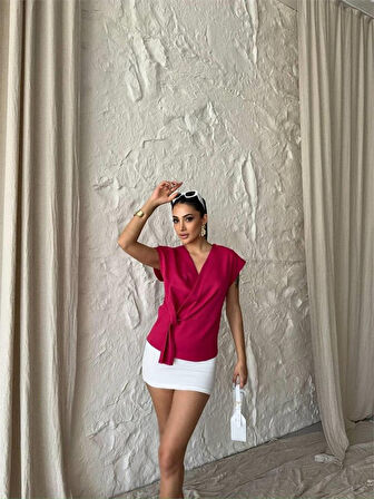 YANDAN BAĞLAMA DETAYLI KOLSUZ BLUZ - Fuşya