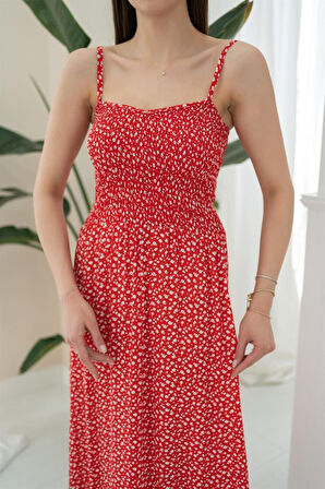 Kırmızı Eteği Fırfırlı Elbise