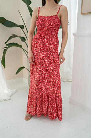 Kırmızı Eteği Fırfırlı Elbise