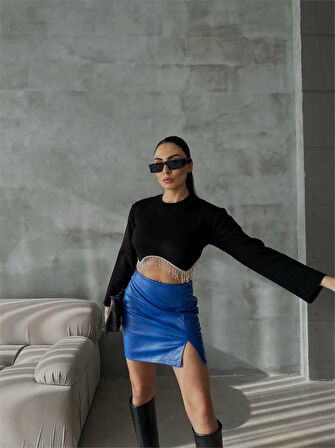 KAPİTONE DERİ ETEK YIRTMAÇLI - Saks