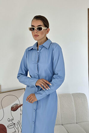 Mavi Boydan Düğmeli Deri Elbise