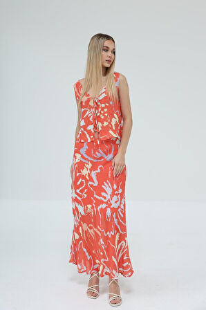 Bağcıklı Bluzlu Etek Takım - Kırmızı