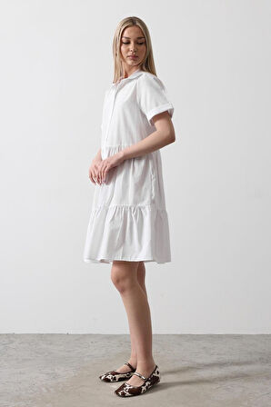 Kısa Kol Düğmeli Elbise - Beyaz