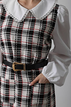 Ekoseli Gömlek Detaylı Elbise - Siyah