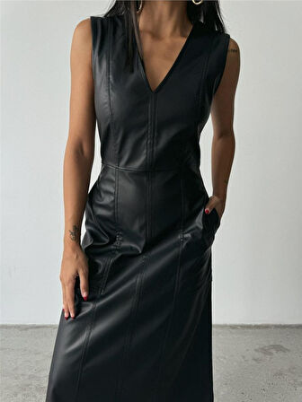 ASKILI DERİ ELBİSE ŞANEL BOY - Siyah