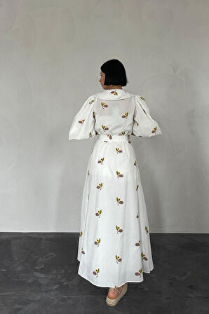 Kahverengi Yakası Çiçek Motifli Kemerli Elbise