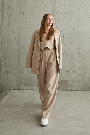 Bej Çizgili Ceket - Yelek Ve Pantolon Takım