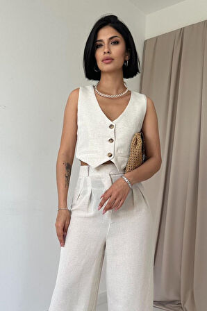 Bej Önü Düğmeli Yelek Ve Pantolon Takım
