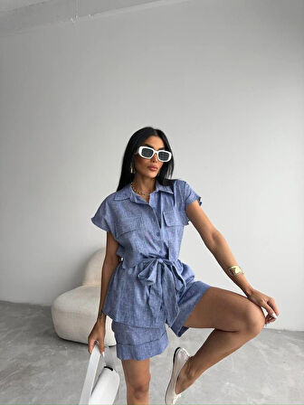 KETEN BAĞLAMALI KOLSUZ GÖMLEK - DUBLE PAÇA ŞORT TAKIM - Lacivert