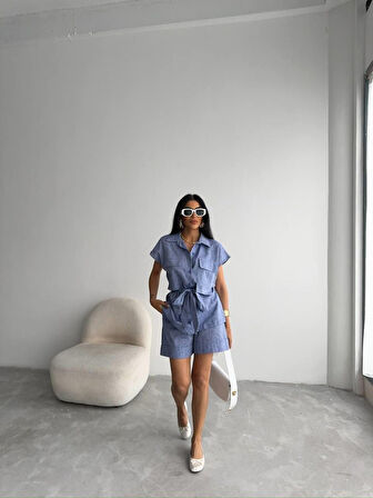 KETEN BAĞLAMALI KOLSUZ GÖMLEK - DUBLE PAÇA ŞORT TAKIM - Lacivert