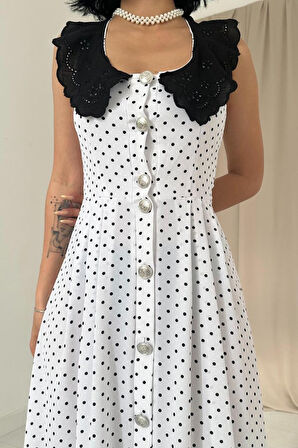 Beyaz Puantiyeli Bebe Yaka Elbise