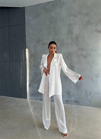 VİSKON JAKARLI BAĞLAMALI GÖMLEK - PANTOLON TAKIM - Beyaz