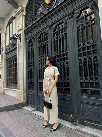 KETEN TULUM BEL BAĞLAMA DETAYLI - Krem