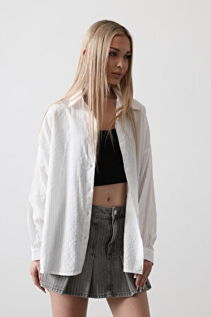 Çizgili Uzun Kol Gömlek - Beyaz