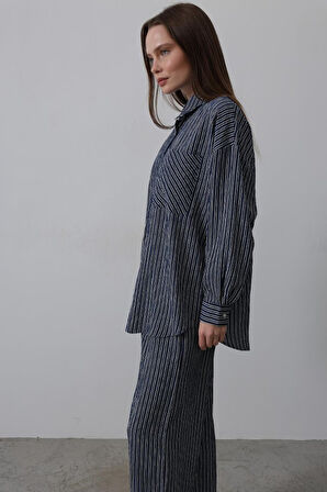 Çizgili Cep Detaylı Oversize Takım - Lacivert