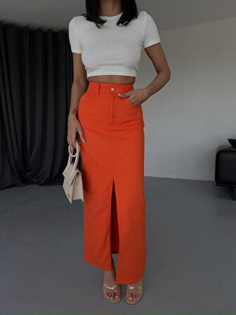 GABARDİN UZUN ÖNDEN YIRTMAÇLI ETEK - Turuncu