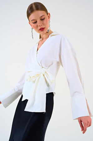 Düz Yandan Bağlamalı Gömlek - Ekru