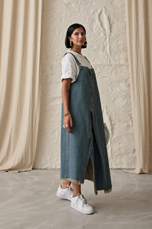 Mavi Askılı Düğmeli Kot Elbise