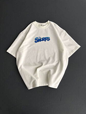 Ön Ve Arka Baskılı Oversize Bisiklet Yaka T-shirt- Beyaz