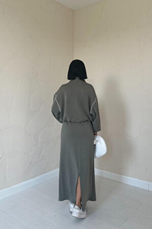 Haki Biyeli Sweatshirt Ve Etek Takım