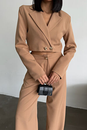 CROP CEKET - PANTOLON TAKIM GOLD DÜĞME DETAYLI - Kahverengi