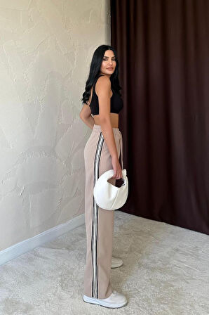 Bej Yanları Şeritli Pantolon