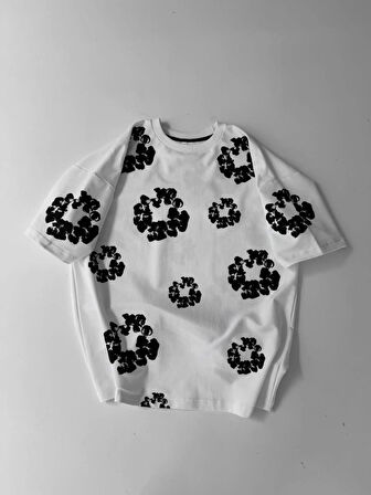 Ön Ve Arka Baskılı Oversize Bisiklet Yaka T-shirt- Beyaz