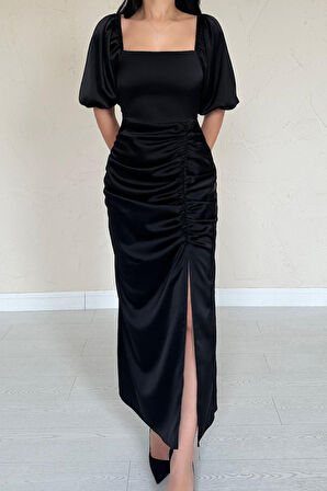 Siyah Büzgülü Saten Elbise