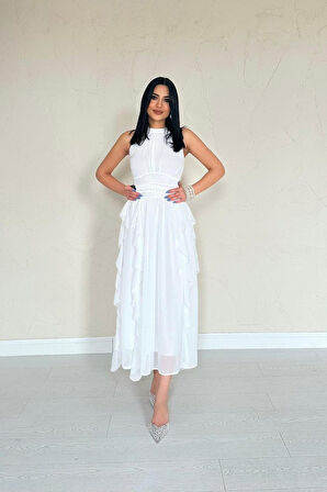 Beyaz Önü Büzgülü Fırfırlı Elbise