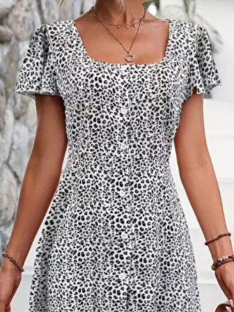 Kadın Kısa Kollu Kare Yaka önden Düğmeli çiçekli Süprem Elbise