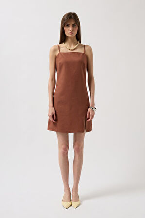 İp Askılı Yırtmaç Detay Keten Mini Elbise