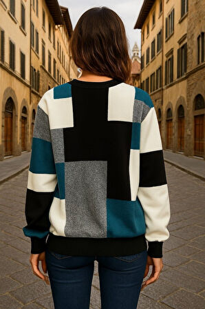 Kadın Uzun Kollu Bisiklet Yaka Renkli Blok Baskı Dalgıç Bluz