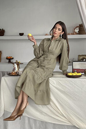 Çağla Çizgi Desenli Uzun Elbise