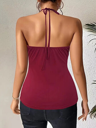 Kadın Askılı Kuş Gözü Ve Dekolte Detay Boyundan Bağlamalı Viskon Bluz