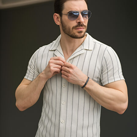 Erkek Kısa Kollu Gri çizgi Desenli örme Kumaş Pamuklu Gömlek