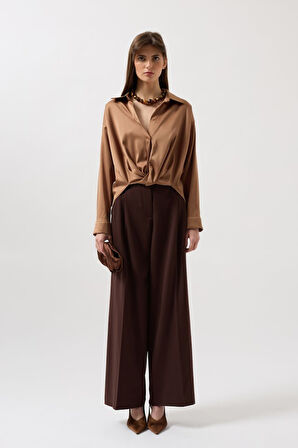 Bel Büzgülü Crop Saten Gömlek