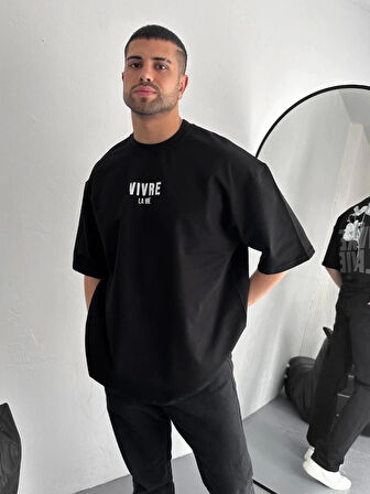 Baskılı Oversize Bisiklet Yaka T-shirt - Siyah