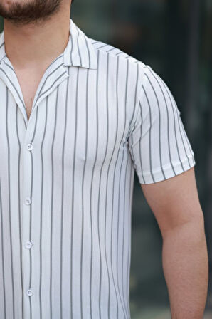 Erkek Kısa Kollu Gri çizgi Desenli örme Kumaş Pamuklu Gömlek