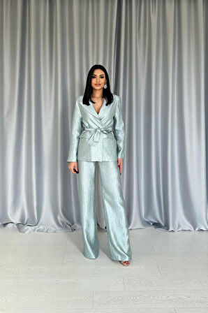 Mint Beli Kuşaklı Ceket Ve Pantolon Parlak Takım