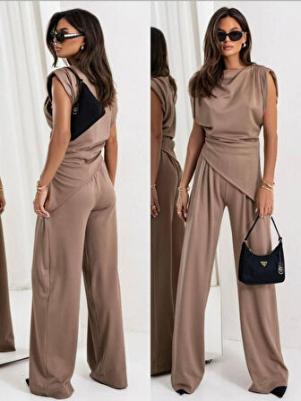 Kadın Dalgıç Kumaş Sıfır Kol Bluz Ve Bol Kesim Pantolon Ikili Takım