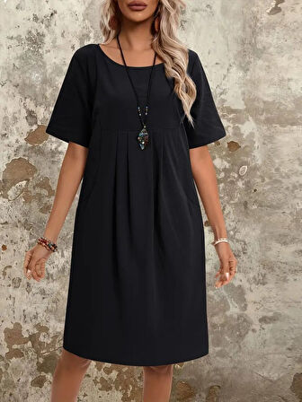 Kadın Kısa Kollu Yakası Açık önden Büzgülü Cep Detaylı Viskon Iki Iplik Elbise