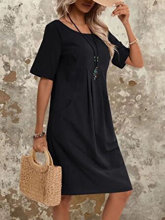 Kadın Kısa Kollu Yakası Açık önden Büzgülü Cep Detaylı Viskon Iki Iplik Elbise