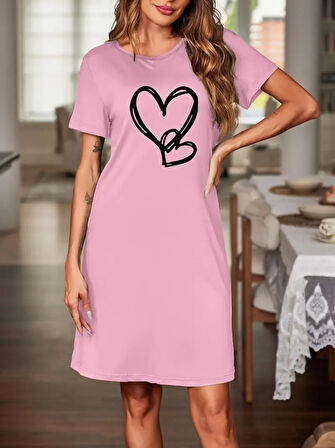Kadın Kısa Kollu Bisiklet Yaka Kalp Desenli Viskon Elbise