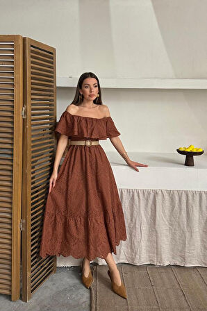 Kahverengi Omzu Lastikli Brode Elbise