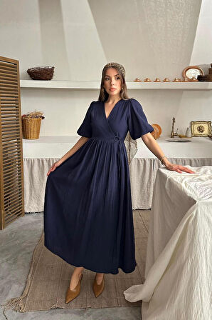 Lacivert Müslin Uzun Elbise