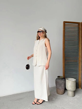 Keten Kolsuz Hırka Etek Ikili Takım- Beyaz