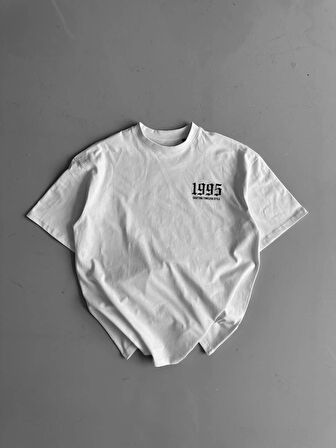 Baskılı Oversize Bisiklet Yaka T-shirt - Beyaz