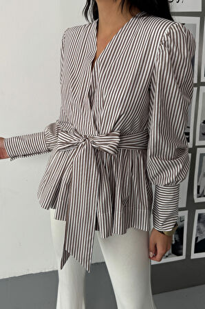 ÇİZGİLİ BAĞLAMA DETAYLI KRUVAZE POPLİN GÖMLEK - Kahverengi