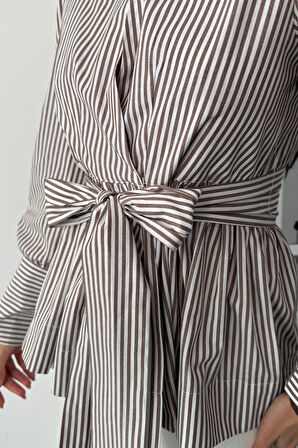 ÇİZGİLİ BAĞLAMA DETAYLI KRUVAZE POPLİN GÖMLEK - Kahverengi